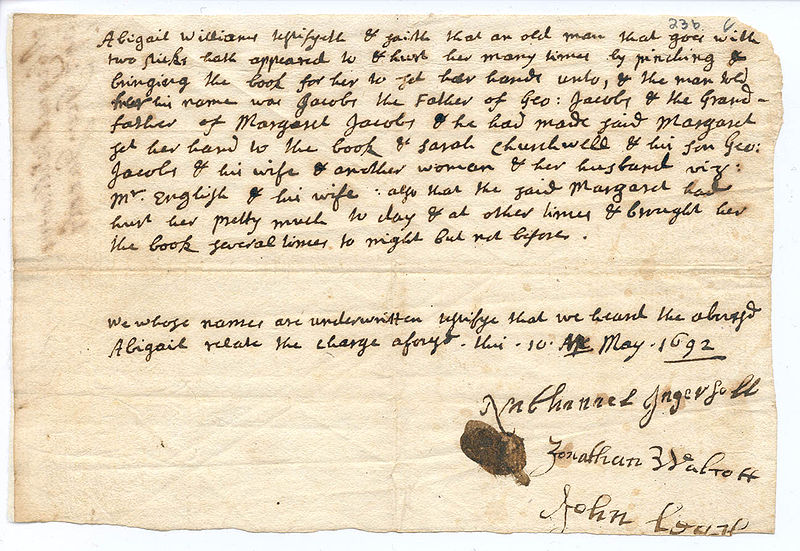 Abigail Williams' testimony against George Jacobs, Jr., during the Salem witch trial, May 10, 1692. Public domain. Image via WikiCommons.