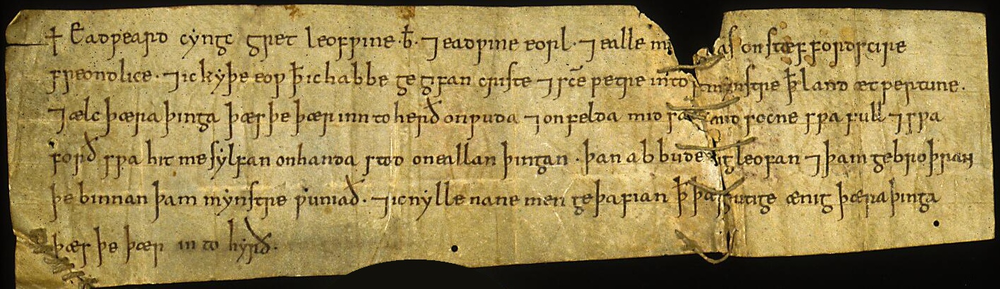 Writ of King Edward to Westminster Abbey granting land at Perton, AD 1062-1066 (Westminster Abbey, W. A. M. XII). Public domain. Image via WikiCommons.