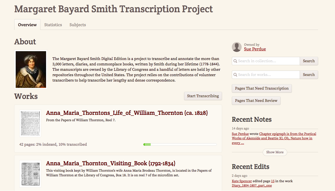 Screen shot of Margaret Bayard Smith collection transcription portal on FromThePage