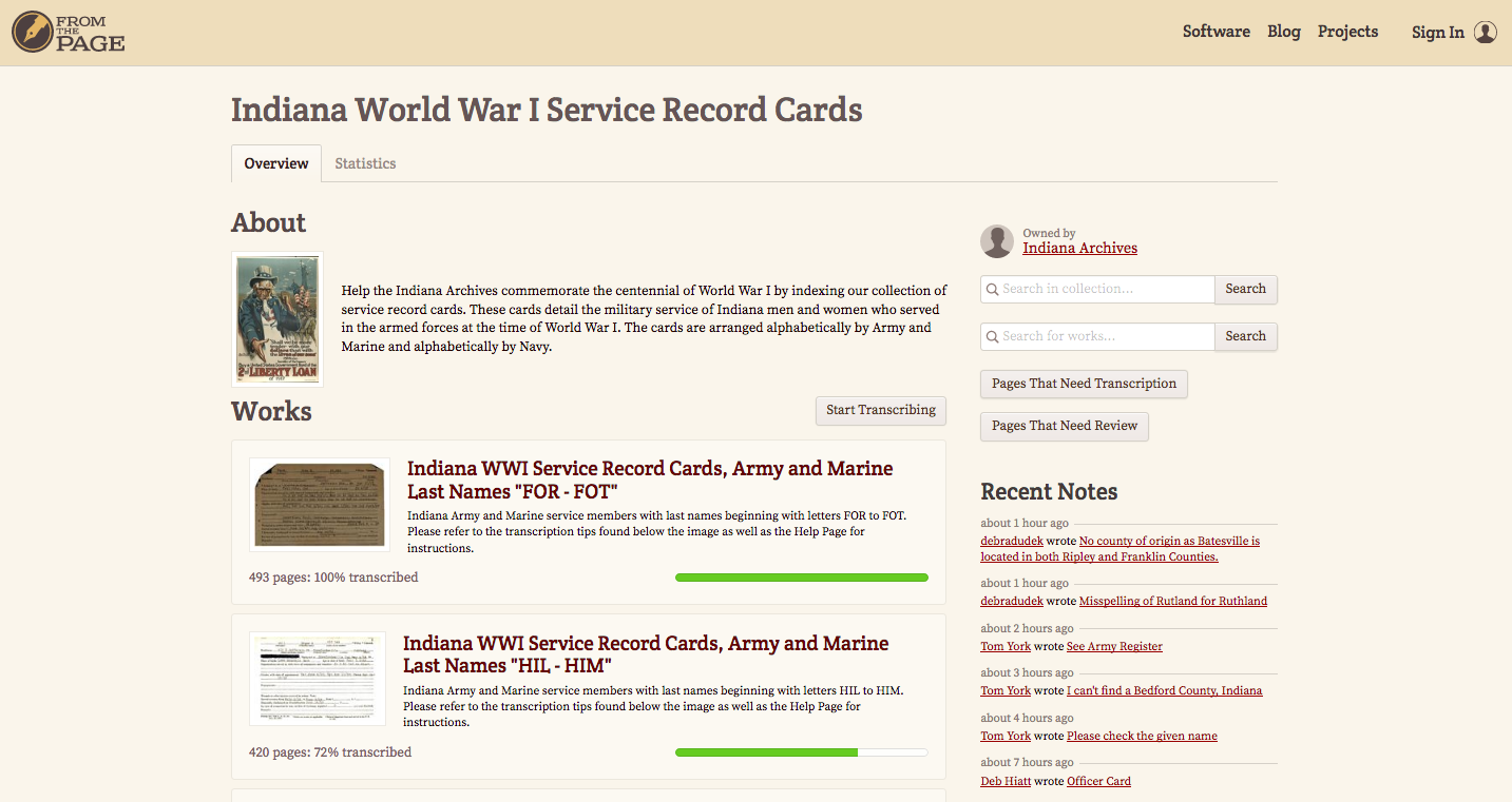 Indiana World War I Service Record Cards - From the Page