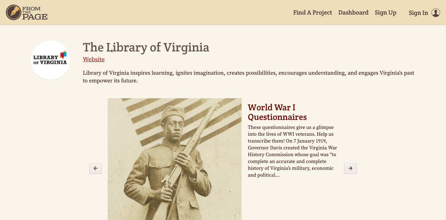 Screenshot of Library of Virginia portal on FromThePage