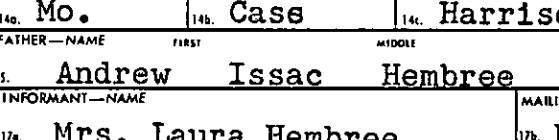Snippet of death certificate listing "Andrew Issac Hembree"