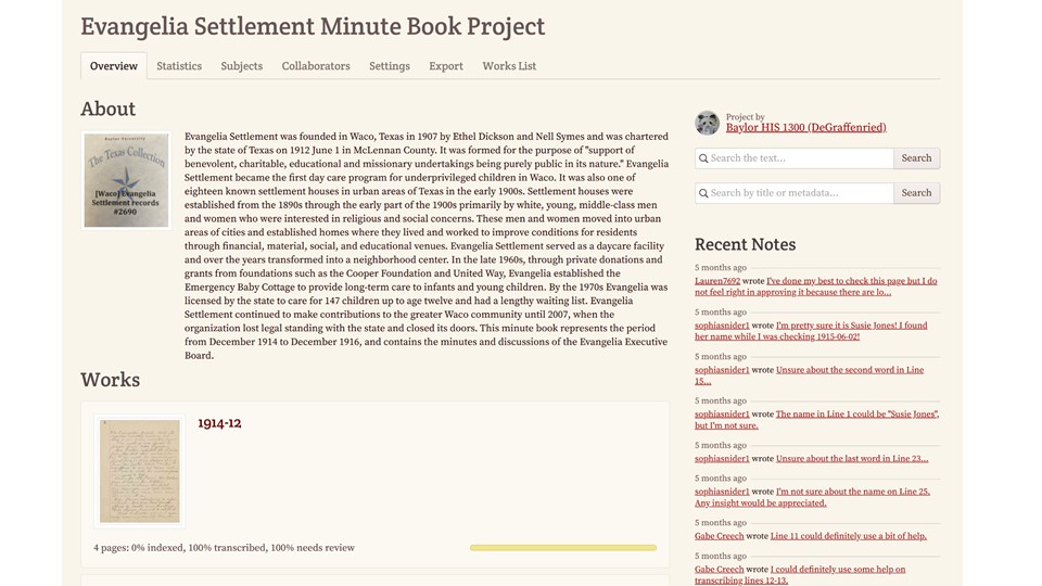 Evangelia Settlement Minute Book Project