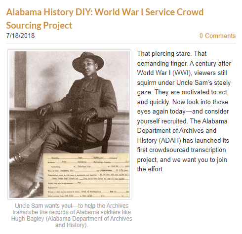"Alabama History DIY: World War I Service Crowd Sourcing Project", July 2018