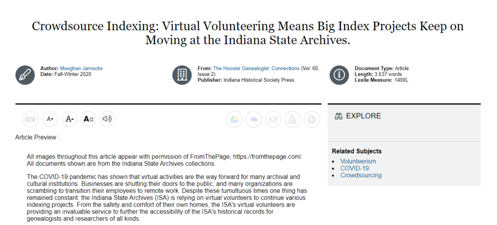 "Crowdsource Indexing: Virtual Volunteering Means Big Index Projects Keep on Moving at the Indiana State Archives." by Meaghan Jarnecke, Fall-Winter 2020