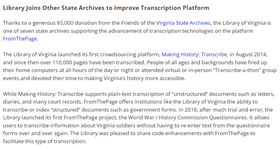 "Library Joins Other State Archives to Improve Transcription Platform", March 2021