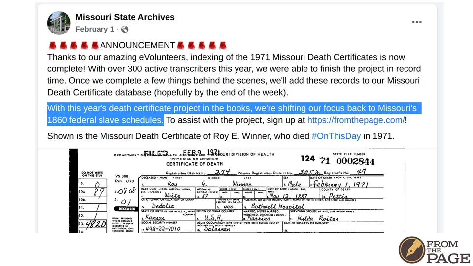 Missouri State Archives Announcement