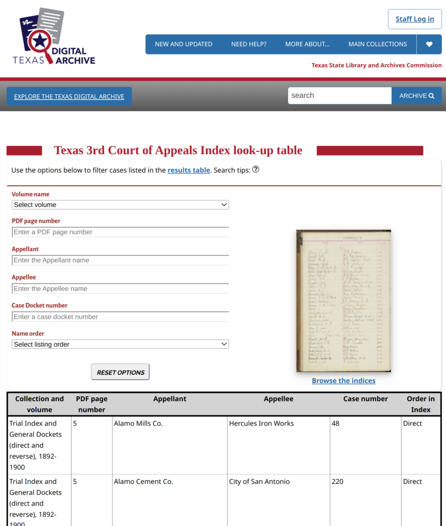 Texas 3rd Court of Appeals Index look-up table